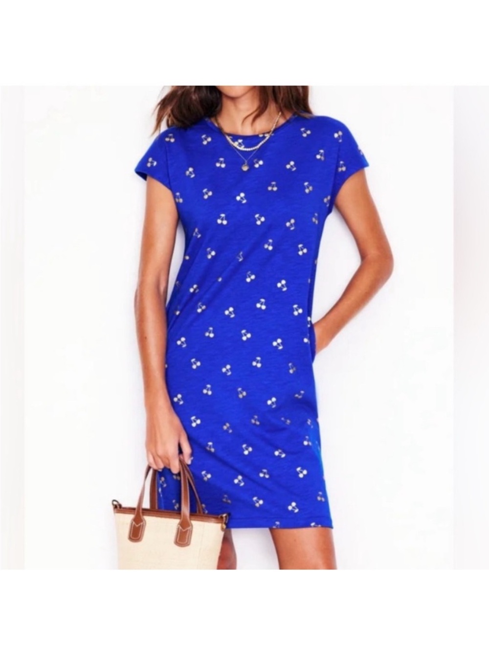 Boden Blue Leah Jersey T-Shirt Dress Gold Cherry Print 8 Long Pockets D1191